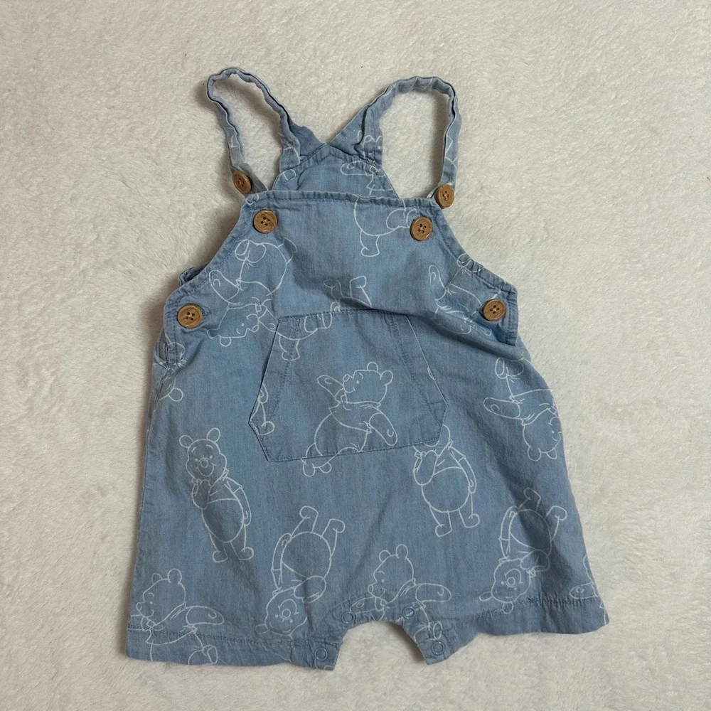 Disney Baby Winnie The Pooh Romper 6-9M Blue Chambray Overalls Sunsuit